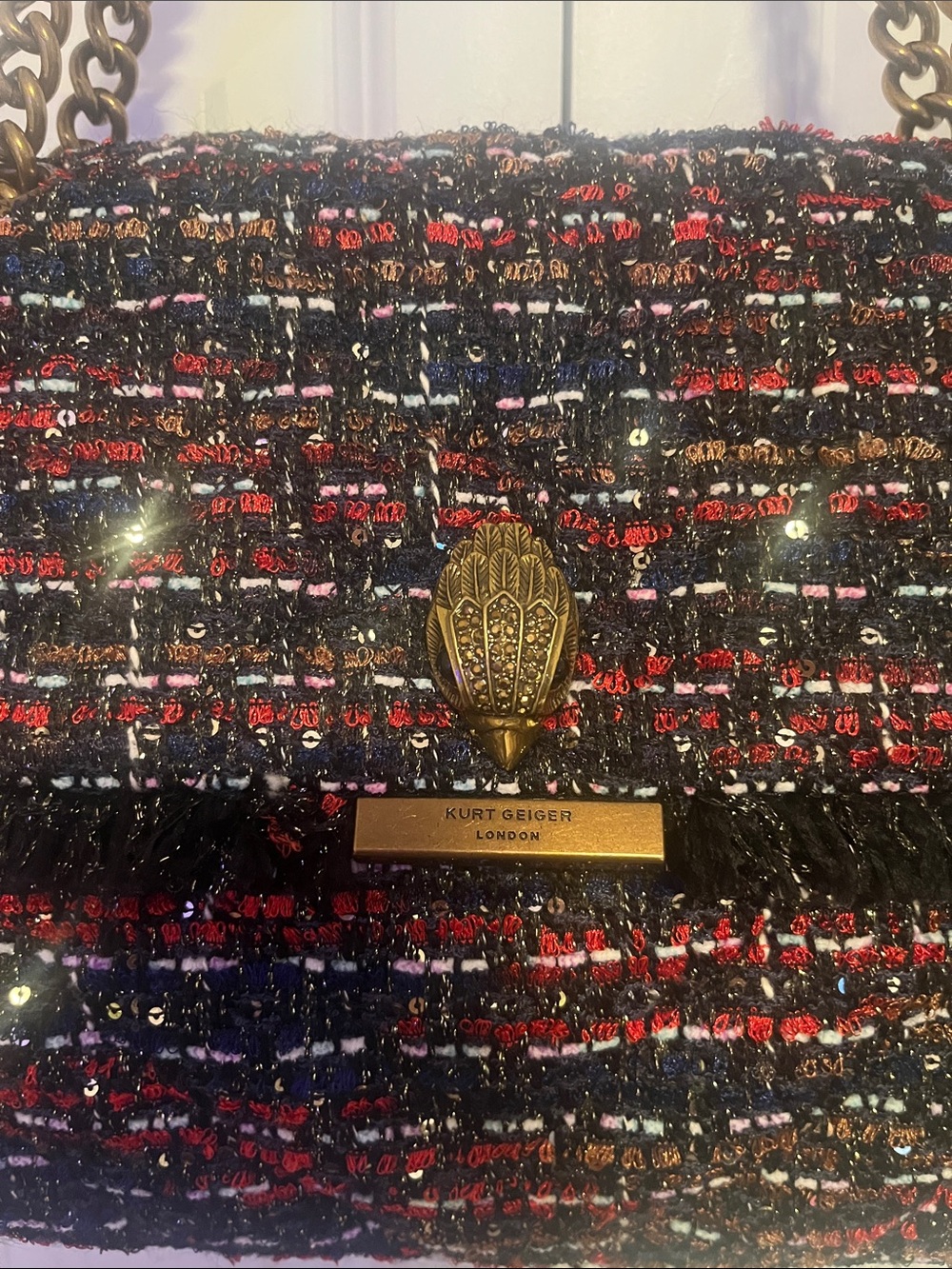 Kurt Geiger Kensington Tweed Shoulder Bag with Gold Chain - Black & Red Like New - Picture 2 of 10